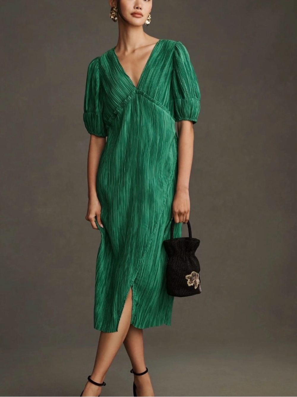 By Anthropologie Green V-Neck Pleated Slim Midi Dress Size XL